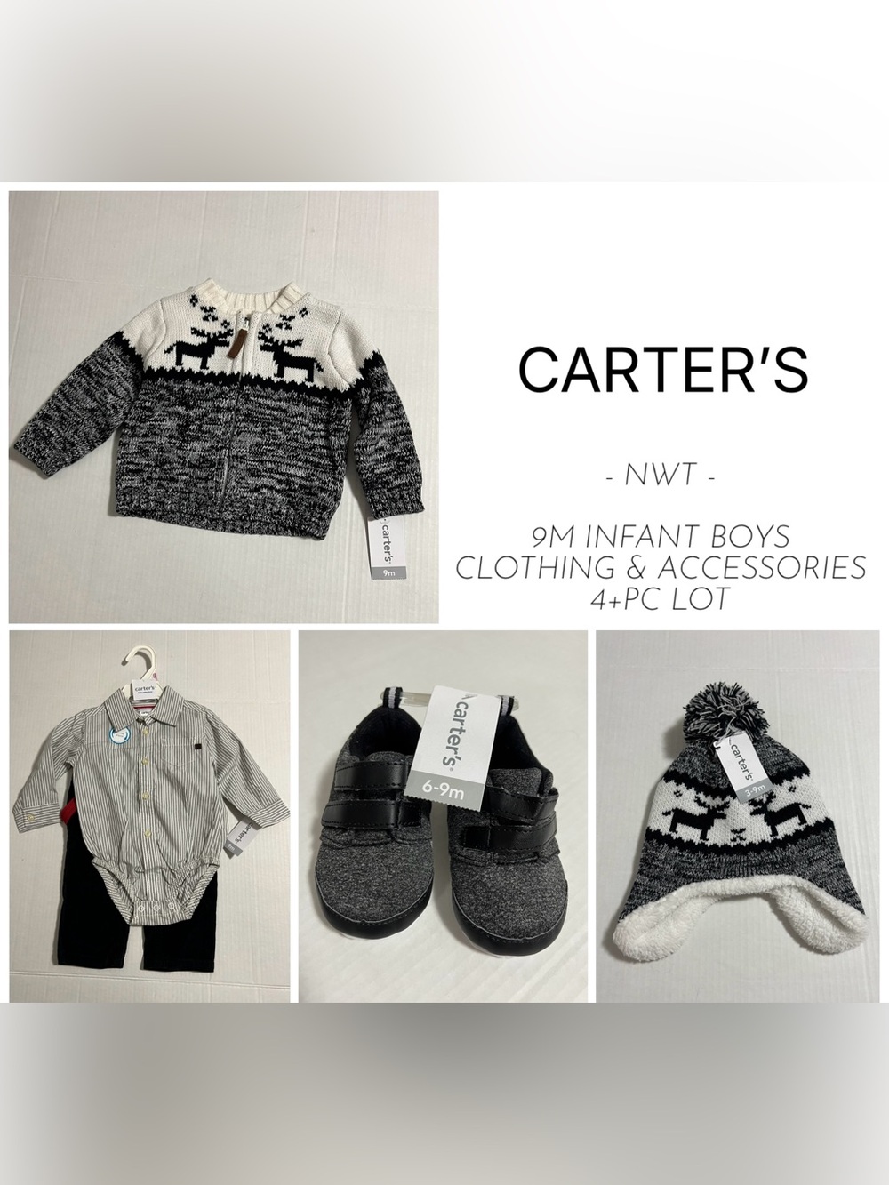 CARTER’S - 9M - NWT - 4+PCS - INFANT BOYS MOOSE KNIT CLOTHING & ACCESSORIES LOT